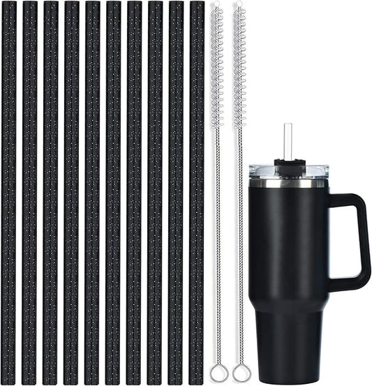 ALINK 10 Pack Black Replacement Straws for Stanley 40 oz 30 oz Tumbler, 12 in Long Reusable Plastic Glitter Straws for Stanley Cup Accessories, Half Gallon Jug, Plus 2 Cleaning Brush