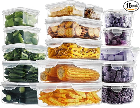 HOMBERKING 32 Pieces Food Storage Containers Set with Snap Lids (16 Lids + 16 Containers), Meal Prep Airtight Plastic Containers, BPA-Free Lunch Containers for Kitchen, Pantry, Home, White