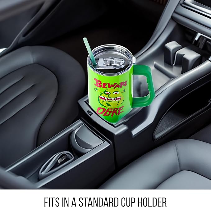 Silver Buffalo Shrek Beware Ogre Stainless Steel Tumbler with Handle and Straw, Fits in Standard Cup Holder, 40 Ounces
