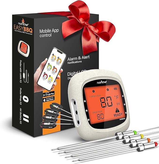 Nutrichef Bluetooth Meat Thermometer for Grilling and Smoking with 4 Wireless Meat Probes, 4 Channels with LCD Display