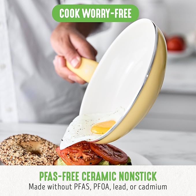 GreenLife Soft Grip Healthy Ceramic Nonstick, 12" Frying Pan Skillet with Lid, PFAS-Free, Dishwasher Safe, Yellow