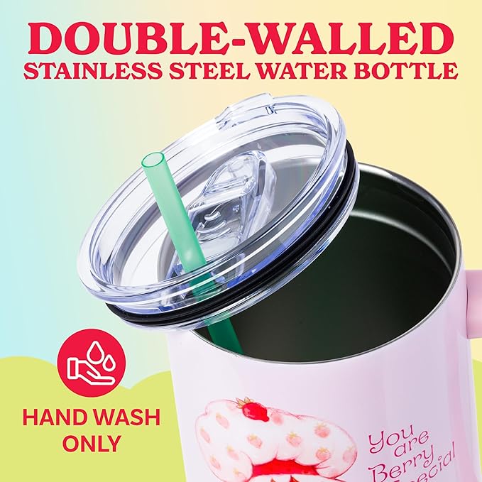 Silver Buffalo Strawberry Shortcake You Are Berry Special Vintage Pink and Green Ombre Stainless Steel Tumbler with Handle and Straw, Fits in Standard Cup Holder, 40 Ounces