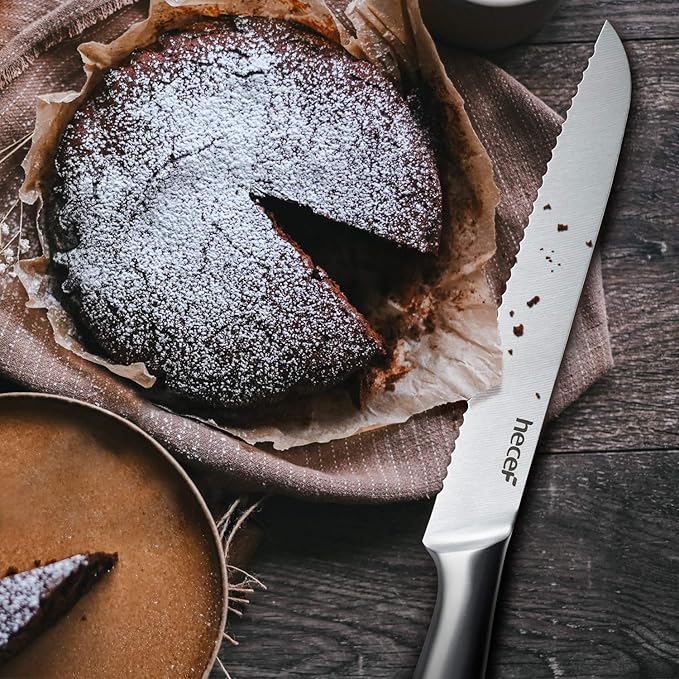 hecef Silver Kitchen knife set of 5, Satin Finish Blade with Hollow Handle, includes 8" Chef, 8" Bread, 8" Santoku, 5" Utility and 3.5" paring knife