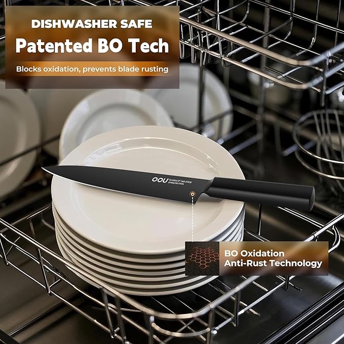 OOU Kitchen Knife Block Set - 15 Pieces High Carbon Stainless Steel Knife Block Set with Built-in Sharpening Blocks, Black