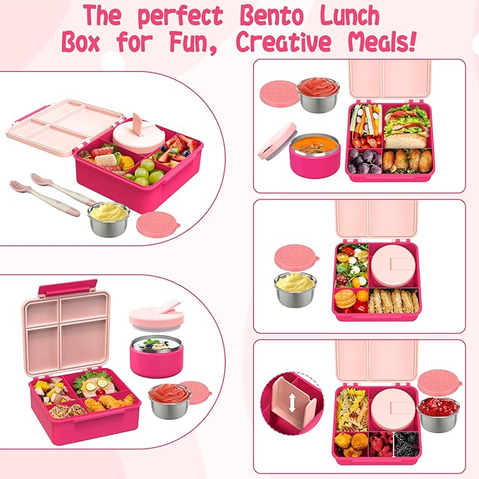 Kids Bento Lunch Box with 8oz Soup Thermo, Kids Leakproof Lunch Food Containers with 4 Compartment,Insulated Hot Food Jar with Lunch Bag for School, Travel (Pink)