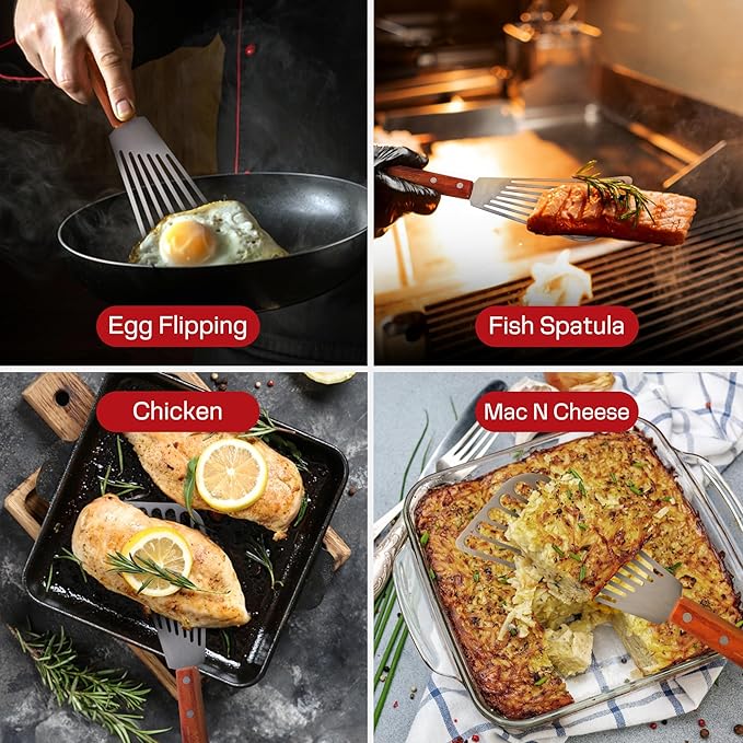 Fish Spatula Stainless Steel 2 Slotted Fish Spatulas for Nonstick Cookware - Elegant Silver Finish Turner Spatula with Ergonomic Wooden Grip Size 11” Blade Ideal for Home and Professional Chefs