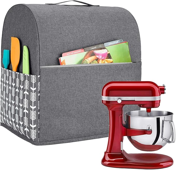 Yarwo Stand Mixer Cover Compatible with 6-8 Quart KitchenAid Mixer, Protective Dust Cover with Top Handle and Pockets for Accessories, Gray with Arrow