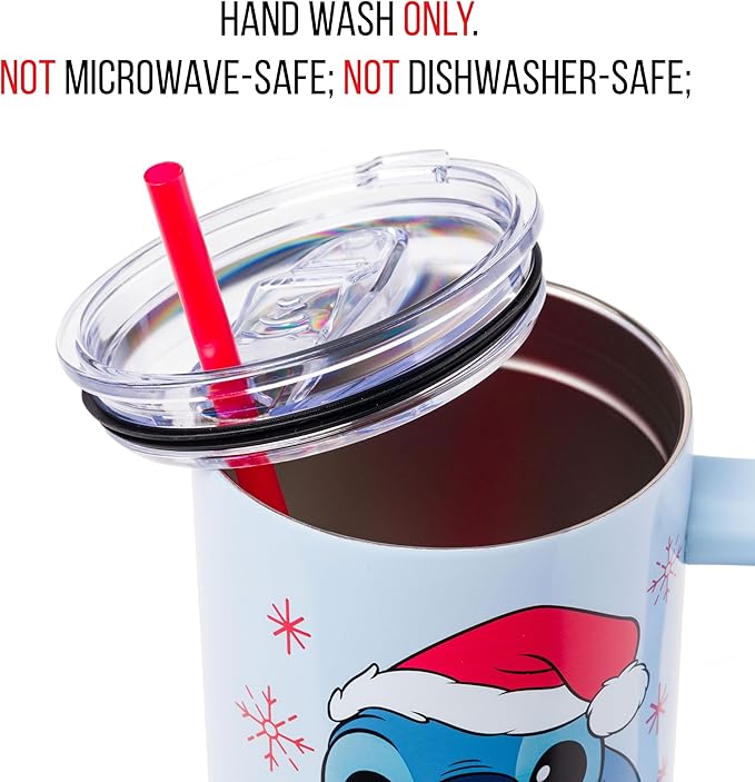 Silver Buffalo Disney Lilo and Stitch Christmas Holiday Santa Hat and Snowflakes Stainless Steel Tumbler with Handle and Straw, Fits in Standard Cup Holder, 40 Ounces
