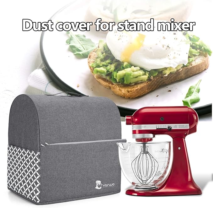 Yarwo Stand Mixer Cover Compatible with 4.5 qt and All 5 qt KitchenAid Mixer, Protective Dust Cover with Top Handle and Pockets for Accessories, Gray with Grid