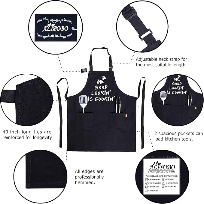Kitchen Chef Apron - MR. GOOD LOOKIN' IS COOKIN' Funny Aprons for Men Dad - Adjustable Bib Apron with 2 Pockets and 40" Long Ties, Perfect for Cooking, Grilling, BBQ, Baking - Black