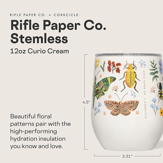 Corkcicle Stemless Insulated Wine Glass Tumbler - Keeps Beverages Cold 6 Hrs Hot 3 Hrs - Stainless Steel - Easy-Grip - Gift for Mom - Great for Mother's Day or Christmas - 12 oz - Curio Cream