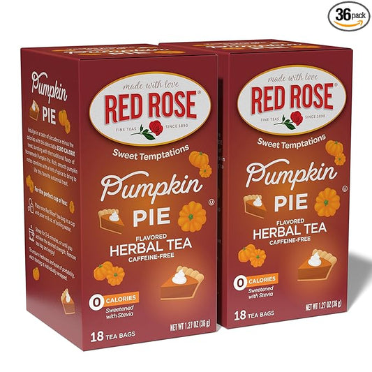 Red Rose Sweet Temptations Dessert Tea Pumpkin Pie, Zero Carbs, Zero Sugar Bursting with Flavor Caffeine-Free Delicious Beverage Herbal Tea, 18 Count Pack of 2 Fruit Naturally Flavored Black Tea