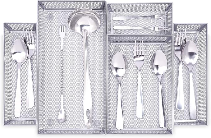 WuGeShop Mesh Silverware Tray Drawer Organizer, Kitchen Utensils Flatware with Anti-slip Mats, Silverware Storage Cutlery Tray for Knives Fork Spoon (5 Separate Compartments, Silver)