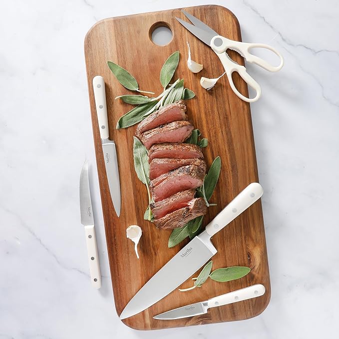 MARTHA STEWART Eastwalk 14 Piece High Carbon Stainless Steel Cutlery Kitchen Knife Block Set w/ABS Triple Riveted Forged Handle Acacia Wood Block - Linen White