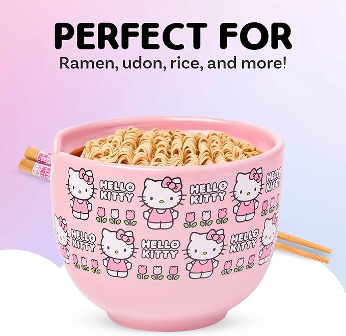 Silver Buffalo Sanrio Hello Kitty Flowers Pattern Ceramic Ramen Noodle Rice Bowl with Chopsticks, Microwave Safe, 20 Ounces