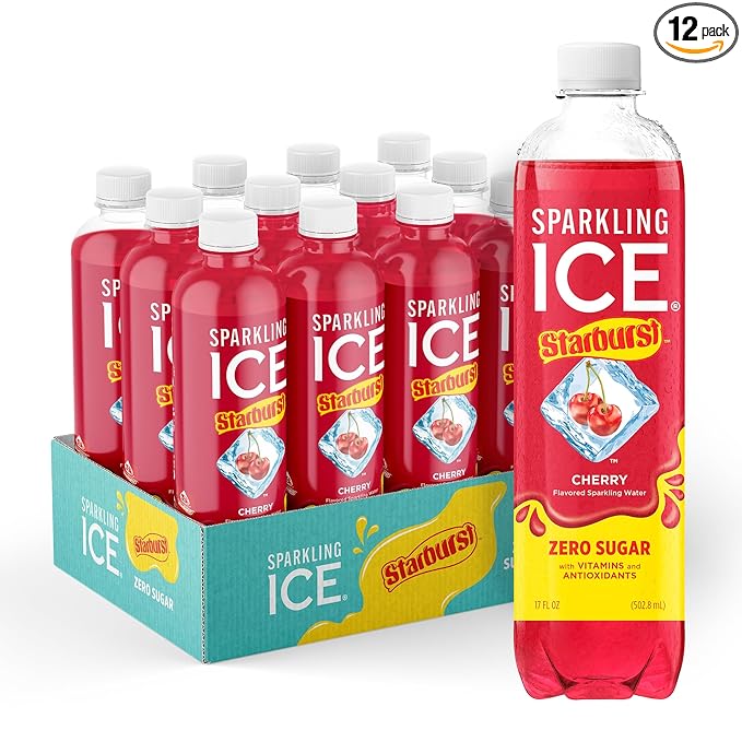 Sparkling Ice STARBURST Cherry, Zero Sugar Flavored Sparkling Water, with Vitamins and Antioxidants, Low Calorie Beverage, 17 fl oz Bottles (Pack of 12)