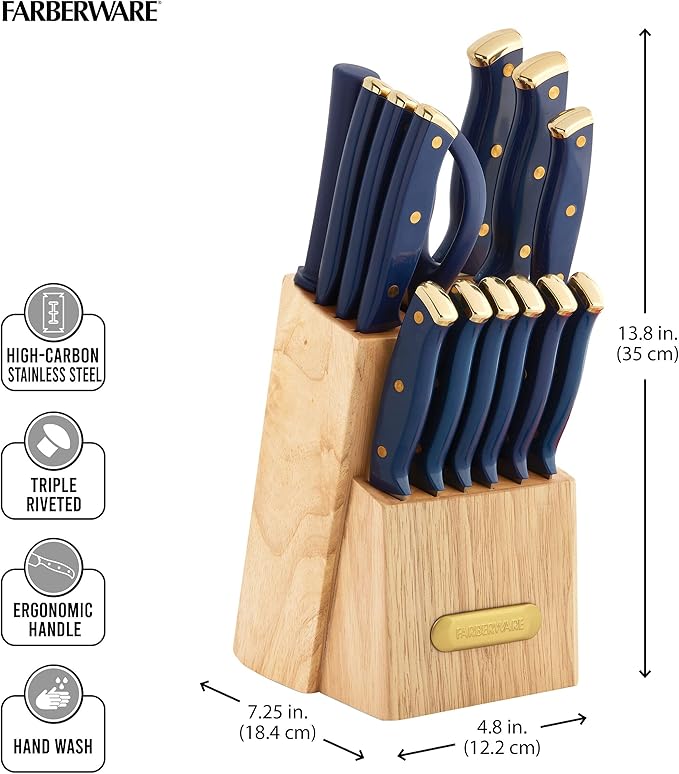 Farberware Triple Riveted Knife Block Set, 15-Piece, Navy and Gold, High-Carbon Stainless Steel Blades, Ergonomic Handles, Includes Wood Storage Block