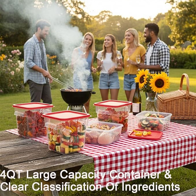 4 Pack 4QT Food Storage Containers with Red Lids, Clear Square Commercial Food Grade Storage Containers with Handles and Scales, BPA-Free Airtight Restaurant Container for Sourdough, Marinating Meat