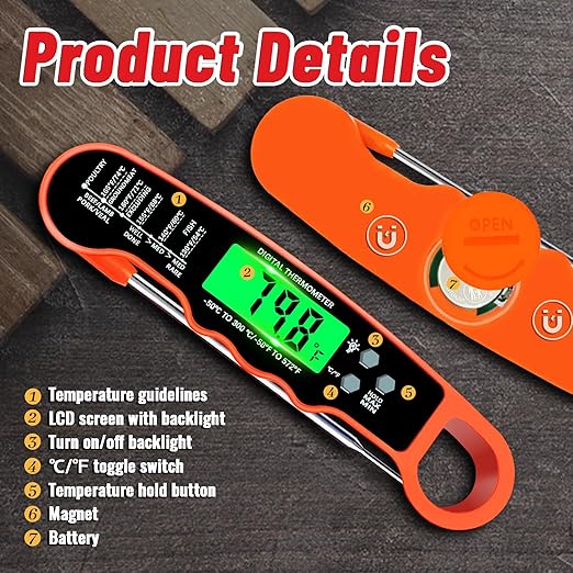 Meat Thermometer Digital, Instant Read Meat Thermometer with Backlight & Magnet for Kitchen, Beef, Grill, Turkey,IP67 Waterproof Cooking Thermometer，Suitable as Stocking Stuffers for Men