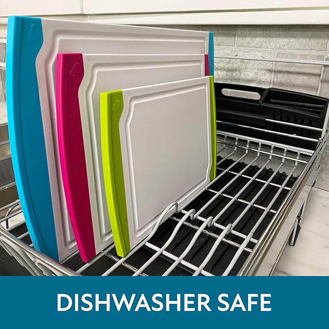 Neoflam 4 Piece Plastic Coded Cutting Board Set plus Organizer with Food Icon, Microban Protection, Extra Large, BPA Free, Juice Groove, Non Slip, Dishwasher Safe, Multicolor