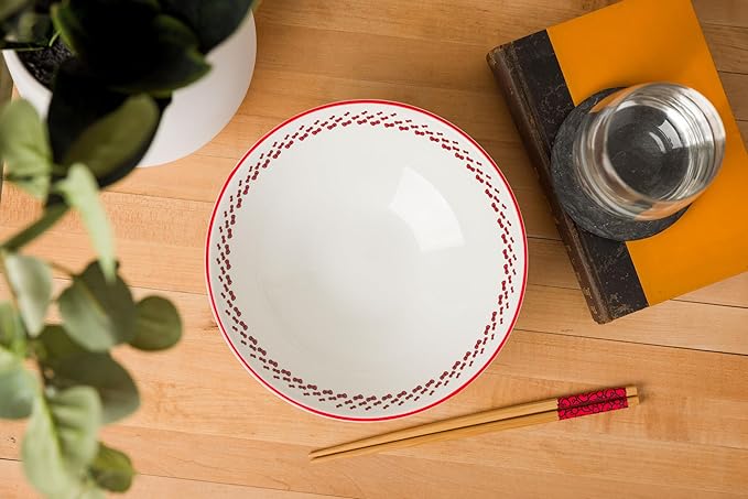 Silver Buffalo Hello Kitty Red Stripes and Bows Ceramic Ramen Noodle Rice Bowl with Chopsticks, Microwave Safe, 30 Ounces