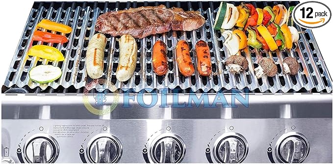 Foilman Heavy-Duty Disposable Aluminum Grill Liners, 12 x 20 Inch Nonstick Cooking Sheets for BBQ, Protects Grates from Grease, Even Heat Distribution, Easy Cleanup for Outdoor Grilling - Pack of 12