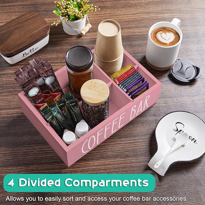 ALELION ALEION Coffee Station Organizer - Wood Countertop Accessories Organizer with Removable Dividers for Pods Condiment Syrup Tea Cups Stirrers - Pink Decor for Kitchen Coffee Bar