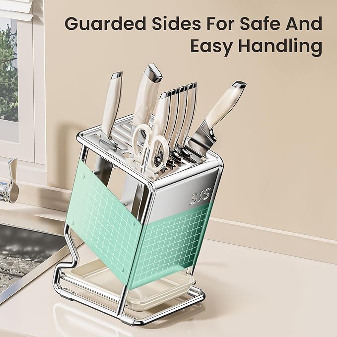 Knife Block Holder without Knives, Universal Kitchen Storage Stand, Safe Space Saver Large Volume Stable Knife Storage With a drip tray at the base Detachable for Easy Cleaning - White