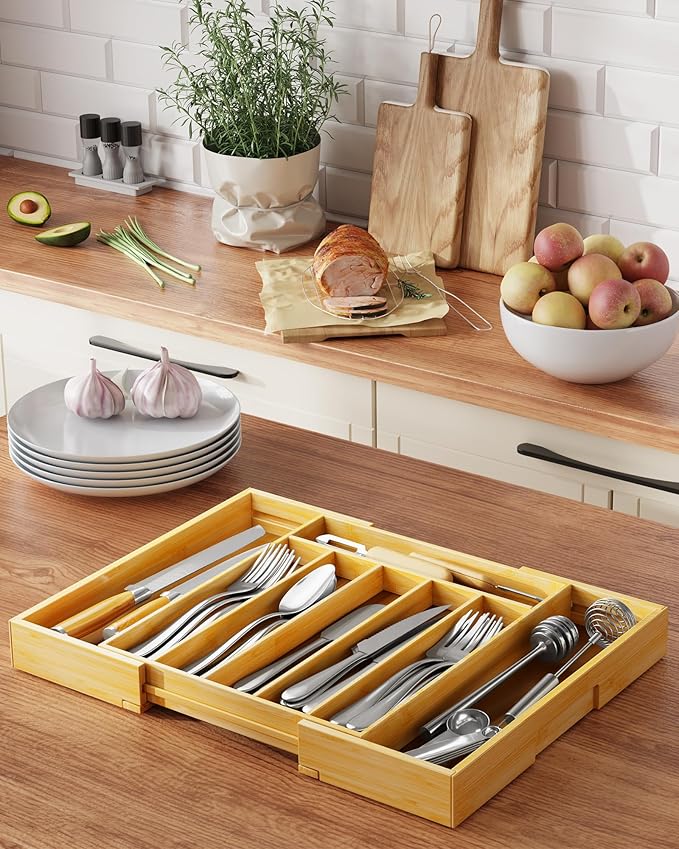 Kitsure Extra Large Bamboo Silverware Organizer - Expandable Drawer Organizer for Utensil, Cutlery and Flatware, Kitchen Storage Solution with 6 to 8 Slots, Natural, 19.7" × 15.4" × 2.0"