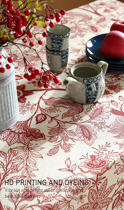 ISAENNE Designer French Linen Long Rectangle Tablecloth,Red Floral Washable Indoor Table Cloth,Durable Home Decor Tablecloths for Dining Thanksgiving Kitchen Party Christmas,63"*102"-Ruyi A