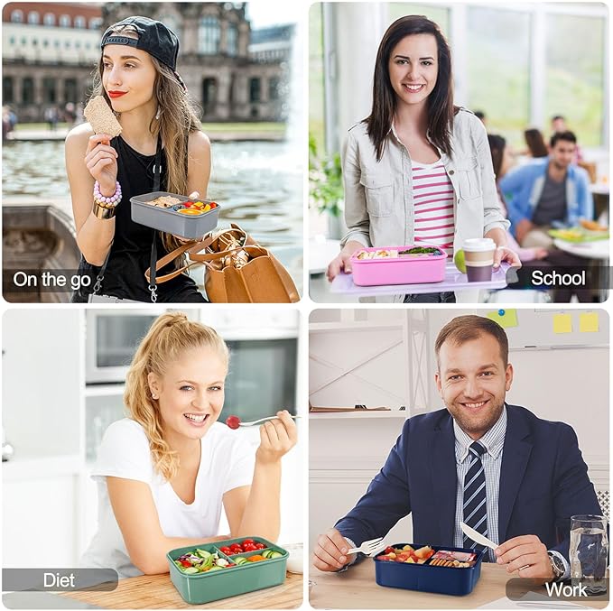 Caperci Classic Bento Box Adult Lunch Box for Older Kids - Leakpoof 47 oz 3-Compartment Lunch Containers for Adults and Teens, Built-in Utensil Set, Ideal for On-the-Go Balanced Eating, Vivid Orchid