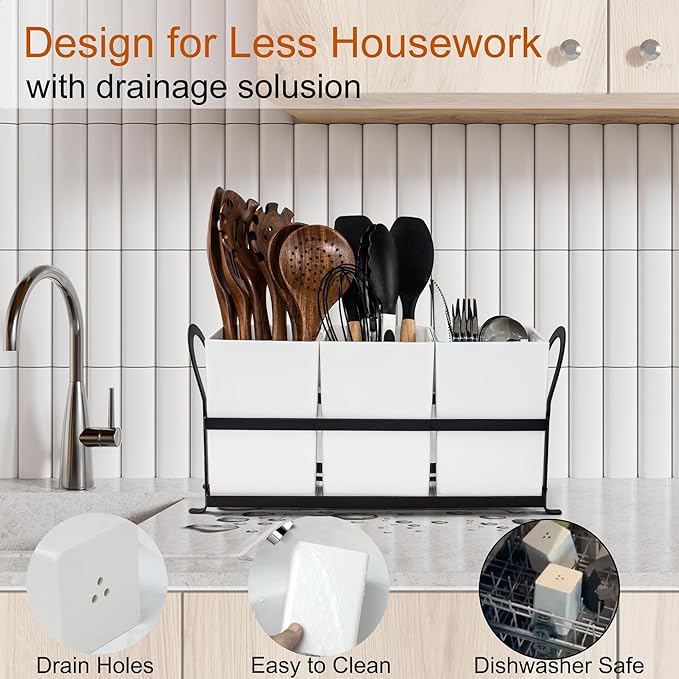 Large Utensil Caddy, Drainage Utensil Holder for Kitchen Counter, 3pcs Bins Set Cooking Utensil Organizer for Spoons, Spatulas, White