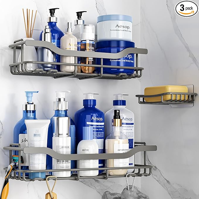 OMAIRA 3-Pack Shower Caddy with Soap Holder, Adhesive Rustproof No-drill Strudy Loading Inside Shower Organizer Shelves Rack Storage Bathroom Organization for Smooth Wall Glass Tile, Grey (X-Large)