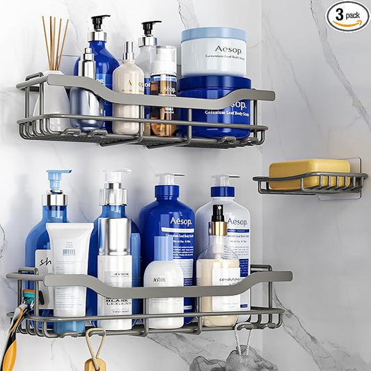 OMAIRA 3-Pack Shower Caddy with Soap Holder, Adhesive Rustproof No-drill Strudy Loading Inside Shower Organizer Shelves Rack Storage Bathroom Organization for Smooth Wall Glass Tile, Grey (X-Large)