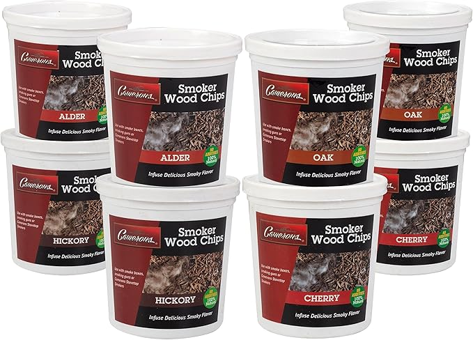 Camerons All Natural Extra Fine Cut BBQ Wood Chips - 2 Alder, 2 Cherry, 2 Oak, 2 Hickory (8 Pints, 0.473L ea)- Sawdust Shavings for Smoking Guns, Smokers, Smoke Boxes, Grill- Barbecue Variety Gift Set