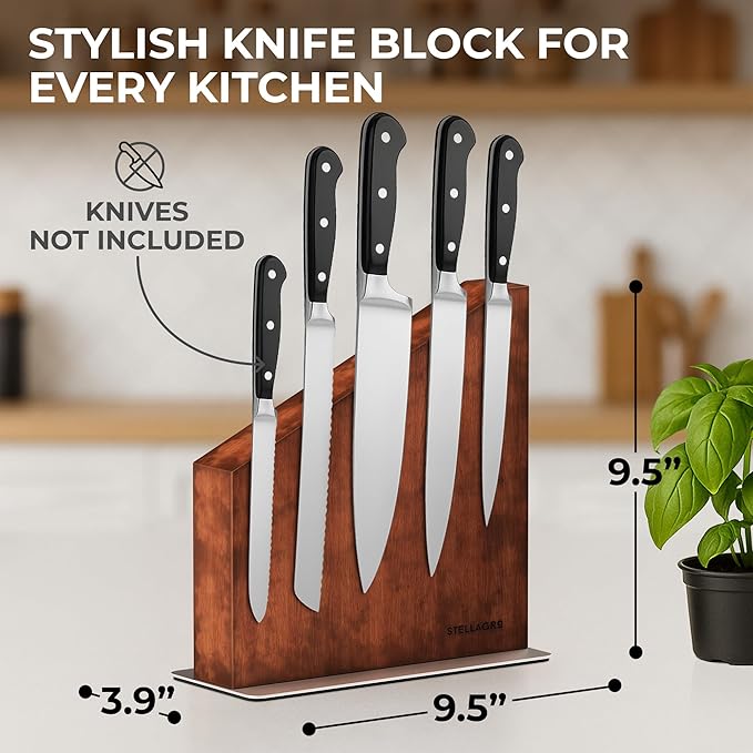 Magnetic Knife Block Without Knives, Double-Sided Wooden Knife Block Stand with Strong Magnets & Anti-Slip Base, Kitchen Knife Storage Rack, Brown
