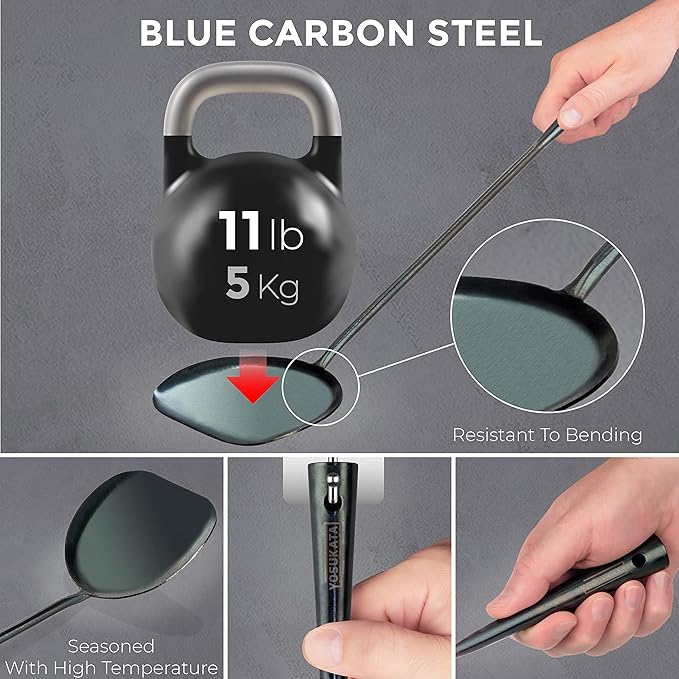 YOSUKATA Pre-Seasoned Wok Utensils Set - Blue Carbon Steel 17-inch Wok Spatula, Wok Ladle, 3 pairs Chopsticks - Durable Asian Cooking Tools