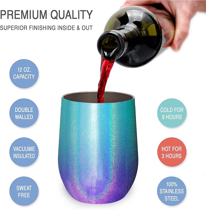CHILLOUT LIFE 12 oz Stainless Steel Wine Tumblers 2 Pack - Double Wall Vacuum Insulated Wine Glasses Cups with Lids and Straws Set Keeping Cold & Hot for Coffee, Beer, Ice Cream - Mermaid Sparkle