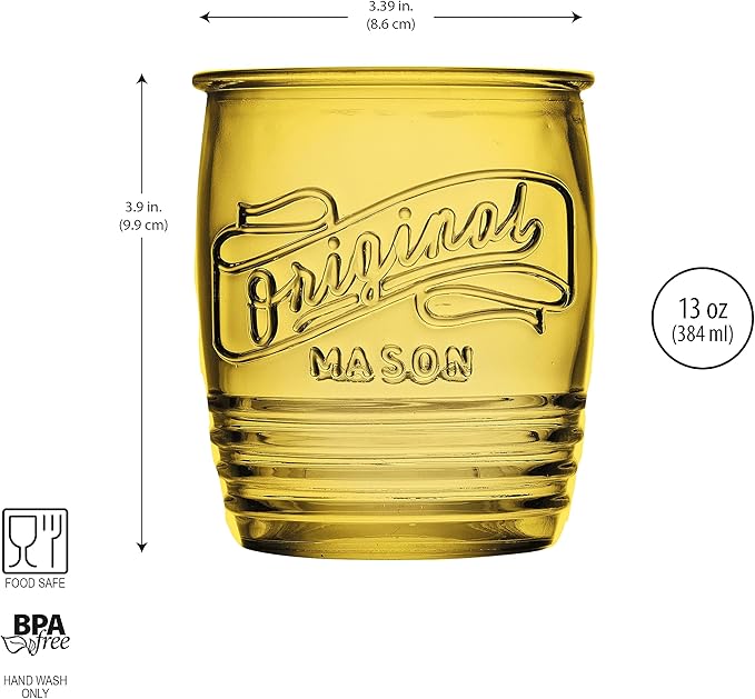 Glaver's Set Of 4 Original Mason Collins Glasses Assorted Colored Drinking Glasses For Juice Smoothies Cocktails Fine Beverage Glass Cups (Original Mason Whiskey Colored 13 OZ.)