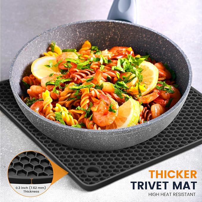 Silicone Trivet Mats 4 Heat Resistant Pot Holders Multipurpose Non-Slip Hot Pads for Kitchen Potholders, Drying mat, Jar Opener, Spoon Holder, Coaster.(Dark Black)