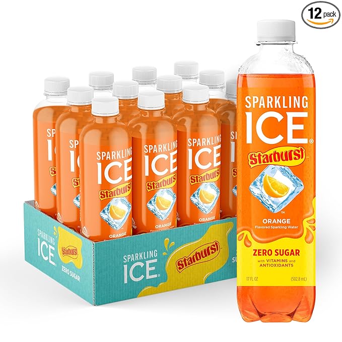 Sparkling Ice STARBURST Orange, Zero Sugar Flavored Sparkling Water, with Vitamins and Antioxidants, Low Calorie Beverage, 17 fl oz Bottles (Pack of 12).