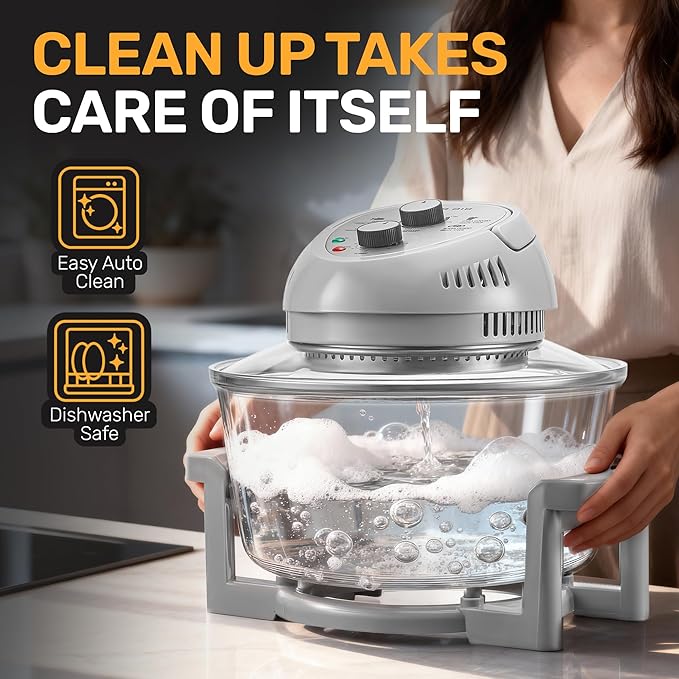 Big Boss 16Qt Large Glass Air Fryer Non Toxic – Family Sized Large Halogen Oven Cooker with 3 Cooking Sections, Stainless Steel Racks, French Fries, Chicken, No Preheat, Self Cleaning, Dishwasher Safe