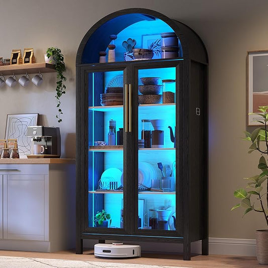 Arched Kitchen Pantry Cabinet with Glass Doors, Display Curio Case with 3 Color LED Lights for Collectibles, Modern 5-Tier Storage Hutch Cabinet for Kitchen, Dining Room, Black