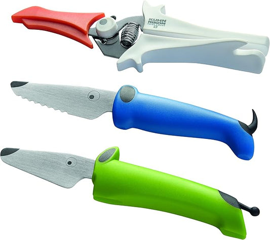 Kuhn Rikon Kinderkitchen® Kids Chef Knife Set With Scissors, 3 Pieces, Green/Blue/White| Cutting Tools Made for Real Cooking | Child Friendly Animal Designs With Hand Guard & Snipper Cover For Safety
