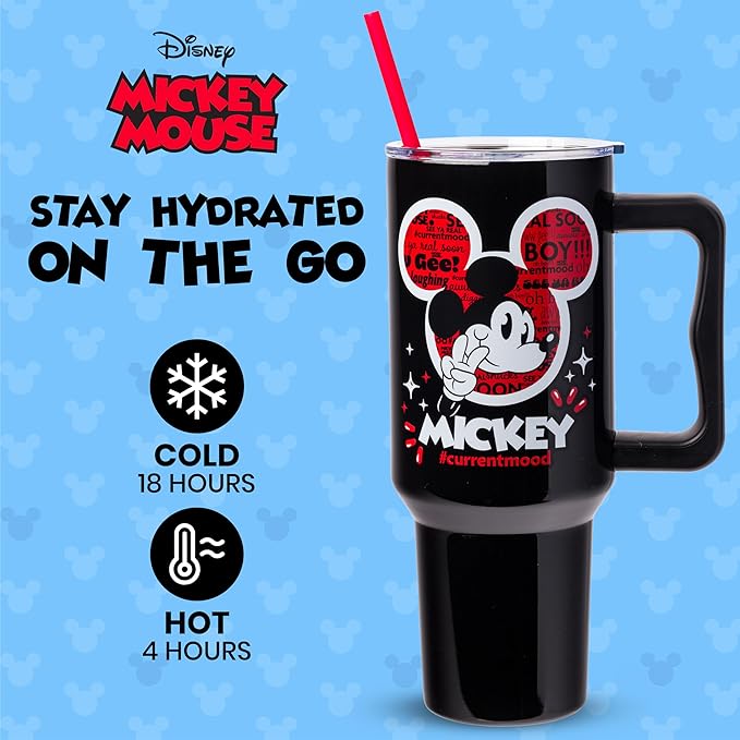 Silver Buffalo Disney Classic Mickey Mouse Hashtag Current Mood “#currentmood” Stainless Steel Tumbler with Handle and Straw, Fits in Standard Cup Holder, 40 Ounces