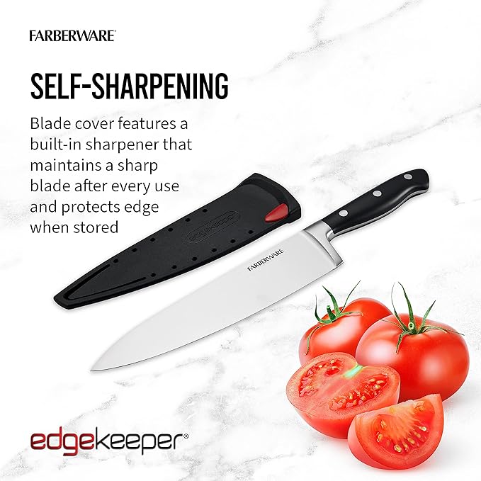 Farberware Edgekeeper 8-Inch Forged Triple Riveted Chef Knife with Self-Sharpening Blade Cover, High Carbon-Stainless Steel Kitchen Knife with Ergonomic Handle, Razor-Sharp Knife, Black