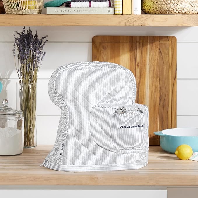 KITCHENAID Fitted Tilt-Head Stand Mixer Cover with Storage Pocket, Quilted 100% Cotton,14.4"x18"x10", Ticking Stripe Ink Blue