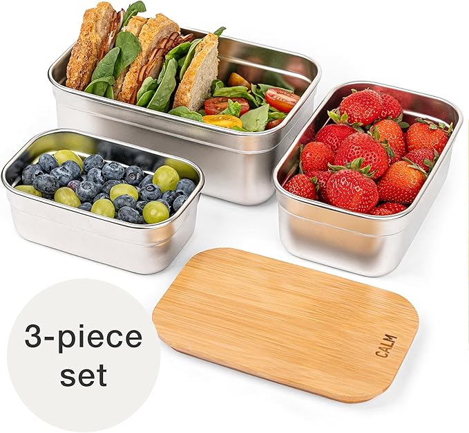 Stainless Steel Food Containers with Bamboo Cutting Board Lids | Set of 3 Reusable Meal Prep Boxes | Airtight Leak-Resistant | Dishwasher Safe | BPA-Free | 2, 4, 6 Cup Sizes