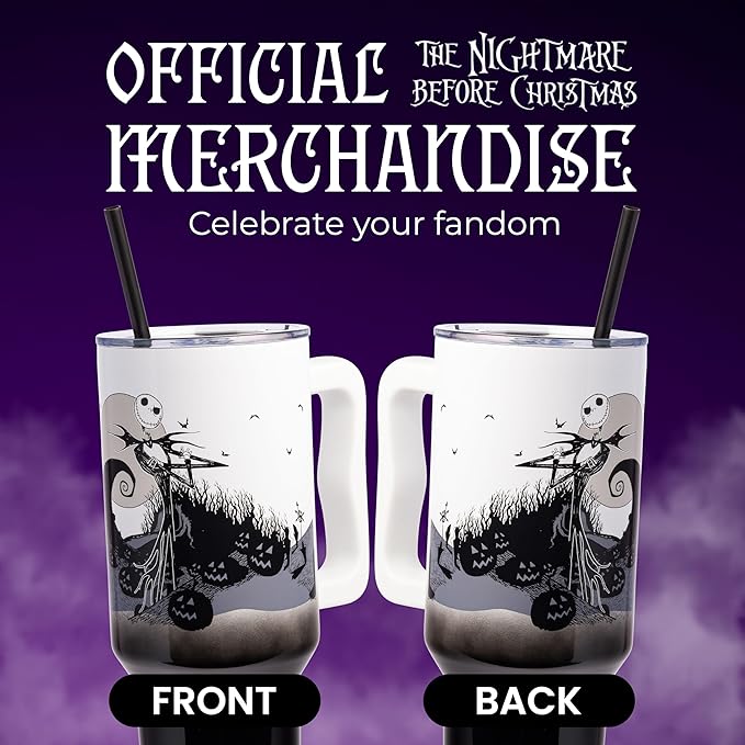 Silver Buffalo Disney Nightmare Before Christmas by Tim Burton Jack Skellington Hill and Moon Stainless Steel Tumbler with Handle and Straw, Fits in Standard Cup Holder, 40 Ounces