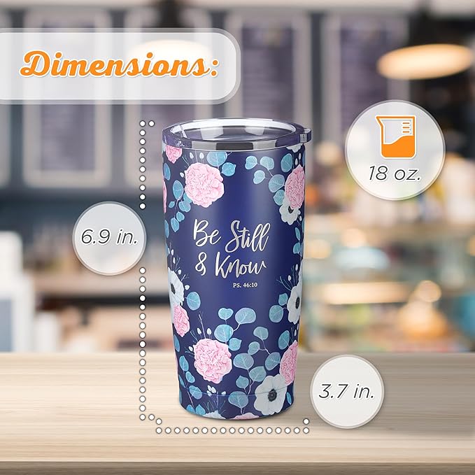 Christian Art Gifts Stainless Steel Double-Wall Vacuum Insulated Travel Mug 18 oz Navy Blue with Pink Floral Tumbler with Lid for Women with Inspirational Bible Verse - Be Still & Know -Psalm 46:10